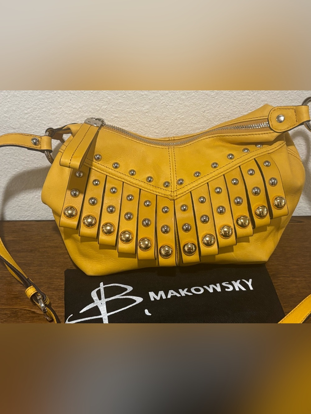 b. makowsky Yellow Leather Studded Fringe Crossbody Bag - Picture 3 of 10